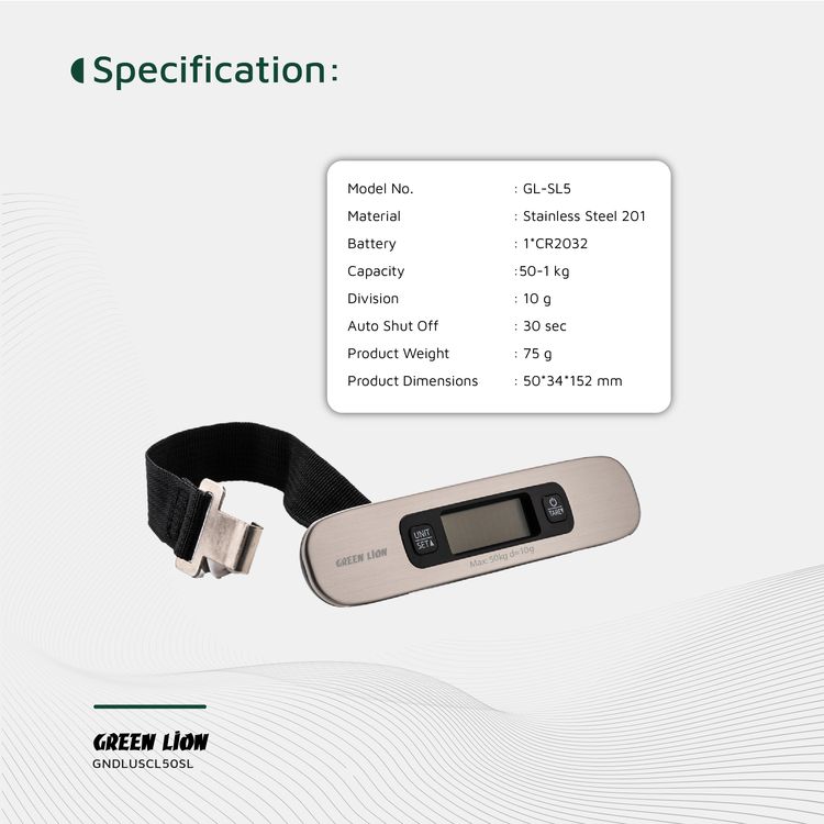 Green Lion Digital Luggage Scale with Overload & Low Battery Indicator, 30s Auto Shut Off, Tare Function, 1-50kg Capacity & 10g Division, Digital Display - Silver