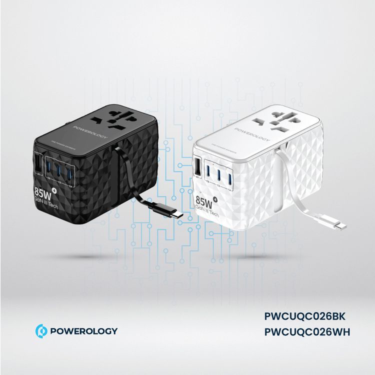 Powerology Universal 85W Super Charger with Retractable Type-C Cable, 70W Power Delivery, GaN Technology, Simultaneous Charging, Spare Fuse Included - Black