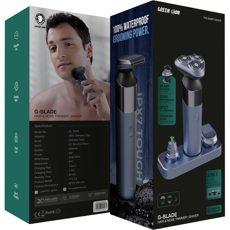 Green Lion 3-in-1 G-Blade Trimmer with Digital Display, 90 Minutes Working Time, 5W Power, Stainless Steel Blade, 600mAh Battery, Travel Lock, Shaver, Hair & Nose Trimmer - Gray