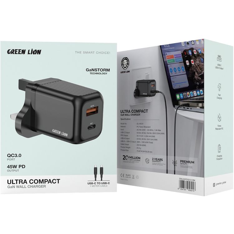 Green Lion Ultra Compact GaN Wall Charger with Type-C to Type-C Cable, PD 45W, QC 18W, USB-A & USB-C Ports, 3-Pin UK Plug, PC Flame Retardant Material, Charging Protection, GaNStorm Technology - Black
