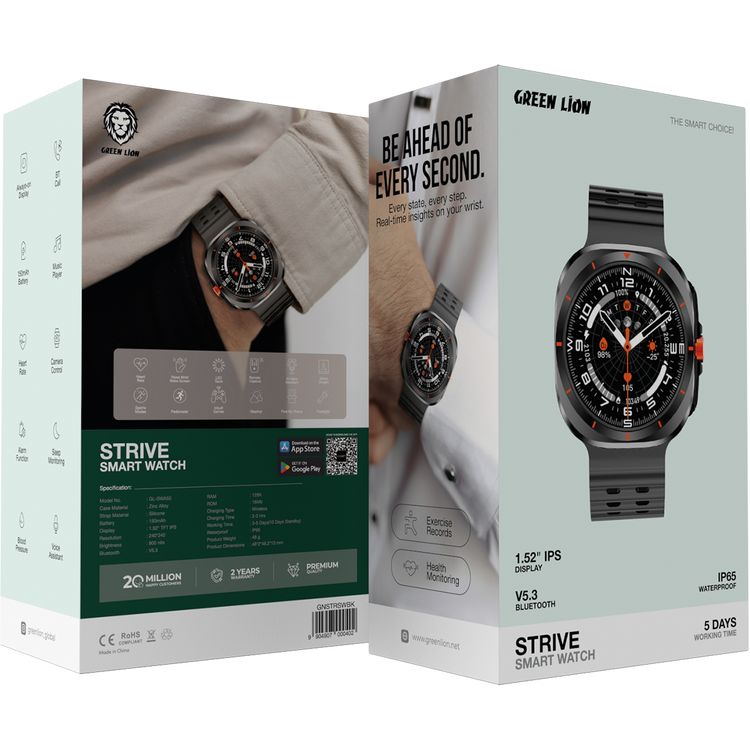 Green Lion Strive Smart Watch with 1.52" IPS Display, Bluetooth Version 5.3, IP65 Waterproof, 5 Days Working Time, Health Monitoring, Sport Modes, 150mAh Battery Capacity, Wireless Charging Type, 2-3 Hours Charging Time, LED Torch, Remote Capture - Black