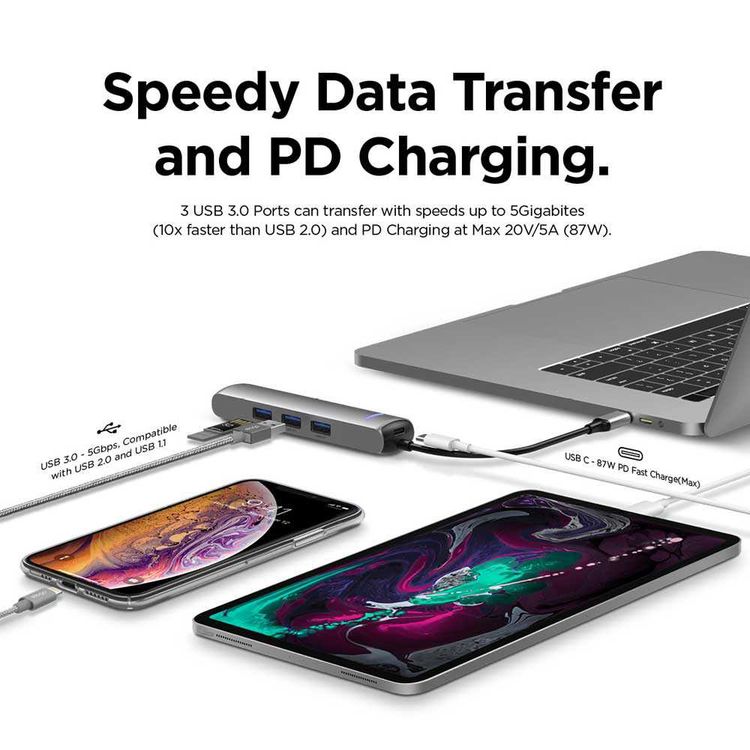 Elago 6 in 1 Ethernet HDMI Multi Hub USB-C, 4k HDMI, PD Charging Port, & Three USB 3.0 Ports, Compatible w/ USB Type-C Laptops, Smartphones, etc., Speedy Data Transfer - Dark Gray