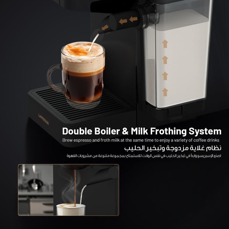 LePresso Crema Pro Multi-Capsule Coffee Machine with Double Boiler, Milk Frothing System, Capsule Holder, Ground Coffee Holder, 200mL Milk Tank Capacity, 850mL  Water Tank Capacity, 3-Pin UK Plug Power, Automatic Shutdown - Black