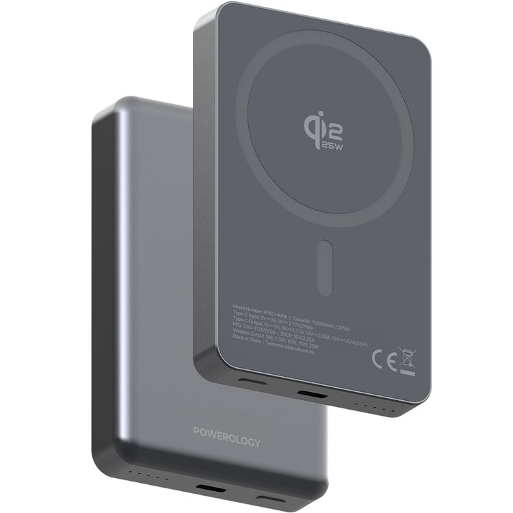 Powerology 10000mAh Blanc 25 MagSafe Power Bank with Compact Design, Simultaneous Charging, USB-C Charging Port , 30cm USB-C Cable, Wireless Charging Pad - Gray