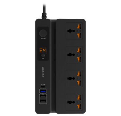 Porodo Multi-Function Power Socket with Phone Stand and Digital Timer - Black