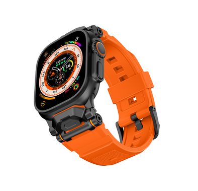 Levelo Nico Watch Strap for Apple Watch 49/46mm with Metal Buckle Closure, Compatible with SE Series 9, 8, 7, 6, 5, Silicone & Stainless Steel Finish, Lightweight & Flexible Fit, Sweat-Resistant & Water-Resistant, Hypoallergenic Material, Extended Band Interaction - Sunset Orange