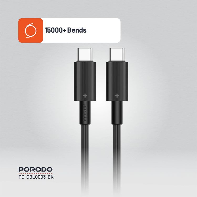 Porodo USB-C to USB C PVC Cable, 480Mbps Transfer Speed, 60W Power Delivery, more than 15000 Bends Life Span, 1.2m Cable Length, Tangle Free - Black