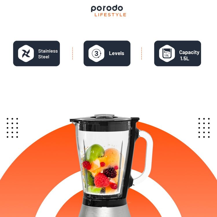 Porodo Lifestyle 800W Blender Grinder, 1.5L Glass Jug, High-Grade Stainless Steel Blades, 2 Speed Levels + Pulse, 2-in-1 Blender + Food Grinder, Durable Aluminum Housing Material – Black