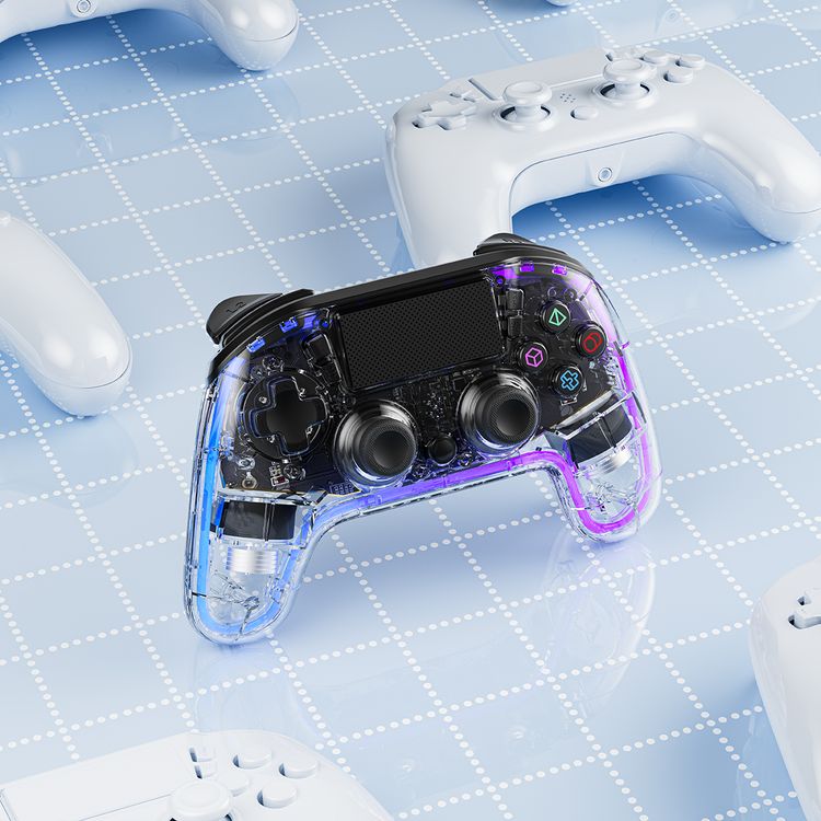 Porodo Gaming PS4 Gamepad Transparent Controller, PS4, PS3, PC (D-INPUT, X-INPUT), iOS, Android Compatibility, 3.5mm TRRS Audio Jack, Type-C Charging Port, 6-16 Hours Working Time - Clear