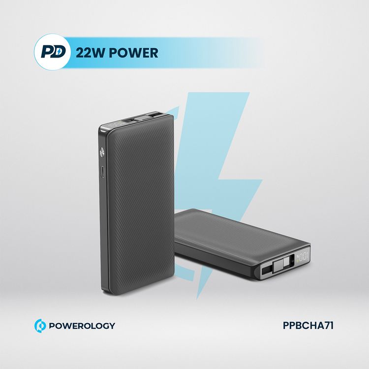 Powerology 10000mAh Retractable Cable Power Bank with LED Display, Lightweight & Portable Design, Fast-Charging, USB-C Input & Output, 2-Device Charging, Patented Design, 22W Power Delivery - Black