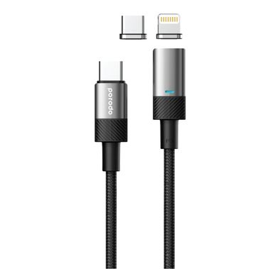 Porodo Fast Charging Cable with PD100W USB-C to USB-C and Lightning Magnetic Head Connectors, 1.2M - Black
