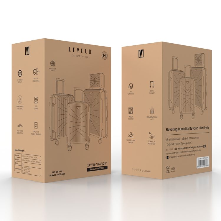 Levelo RoamQuattuor Travel Luggage Set in 4 Sizes 14"/20"/24"/28", 100kg Maximum Weight-Bearing, Shock Resistance, 8 Wheels Trolley, PP & Unbreakable Material, 360° Wheel Rotation, 210D Lining, Mesh Pocket, Water Resistant Design, Anti-Theft  Design - Pink