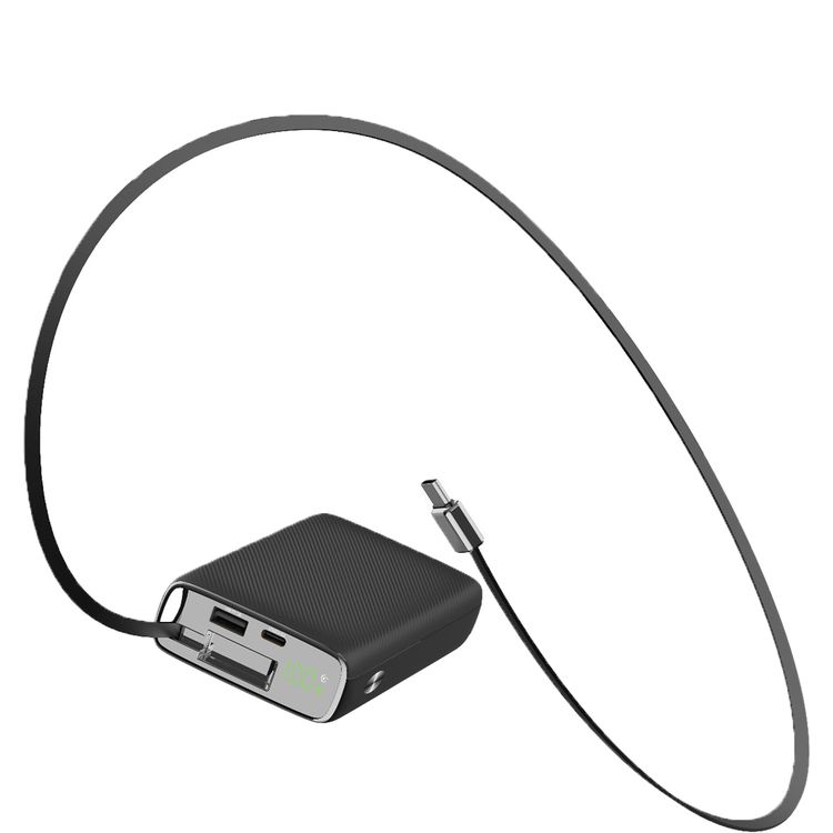 Powerology 20000mAh Power Bank, 35W Max Power, 70cm Retractable Type-C Cable, 3-Device Charging, USB-C Output & Input, 22.5W USB-A Output, Built-in Safeguards - Black