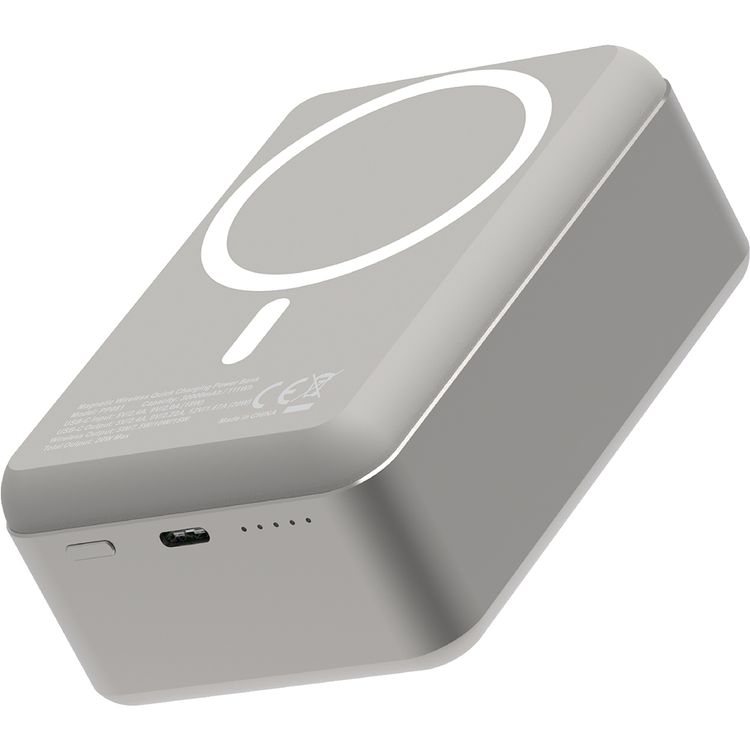 Powerology 30000mAh MagSafe Aluminum Power Bank with 20W Power Delivery, 15W Wireless Output, Li-Polymer Battery, Simultaneous Charging, Compact Design - Titanium