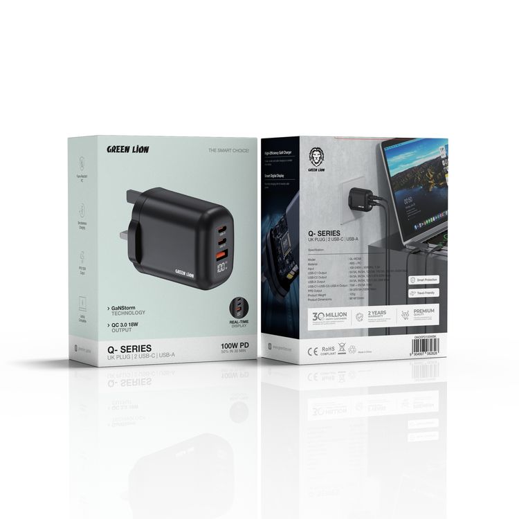 شاحن حائط بلاج مزود بفيشة UK من جرين لايون Q-SERIES بقوة 100W مع 2× منافذ Type-C + USB-A، شحن سريع، مصنوع من مادة PC مقاومة للحريق، عرض في الوقت الحقيقي، تقنية GaN عالية الكفاءة - أسود.