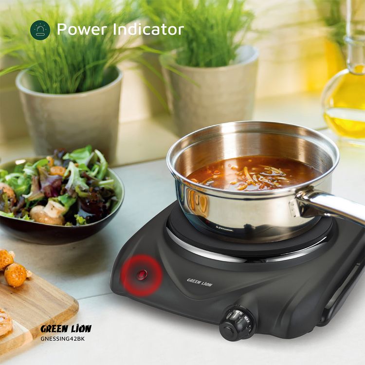Green Lion Electric Stove with Single Hot Plate, 6 Heating Levels, Anti-Slip Base, Power Indicator, Easy-to-Clean Design, Thermostat Control, Iron & Plastic Material, 50-500° C Temperature Range, 70cm BS Plug - Black