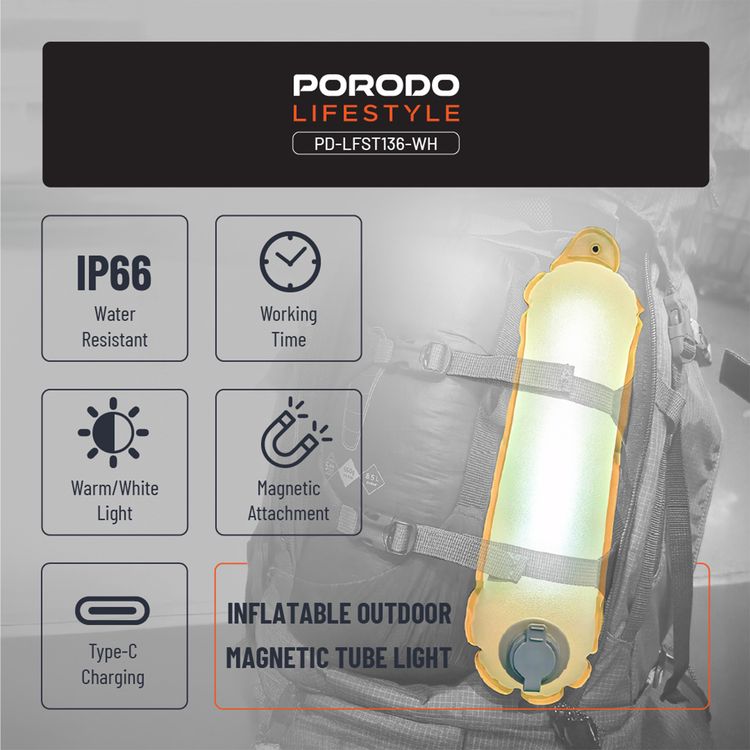 Porodo Inflatable Outdoor Magnetic Tube Light with Warm & White Light, Up to 15 Hours Working Time, Magnetic Attachment, Up to 150 Lumens Brightness, 2000mAh Battery Capacity, Type-C Charging Port, TPU Material - White