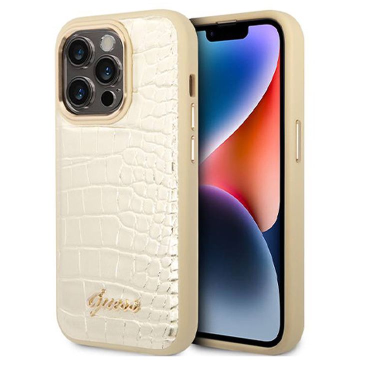 Guess PU Croco Hard Case with Script Logo for iPhone 16 Pro Max, Lightweight, High-Quality Material, Easy Snap-on - Gold