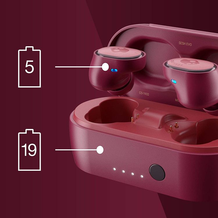Skullcandy Sesh Evo True Wireless In-Ear Earphones with Call, Track and Volume Control, 24-hours Battery Life + Rapid Charge, IP55 Sweat, Water and Dust Resistant, 3 EQ Modes (Music, Movie, Podcast) - Deep Red