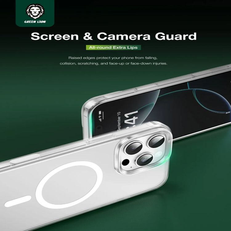 جراب Green Lion Sense Crystal Clear Magsafe، لهاتف iPhone 16، حماية للكاميرا، حماية من السقوط، متوافق مع Magsafe، مغناطيسات قوية، مضاد للخدش، زر استشعار، حافة مرتفعة