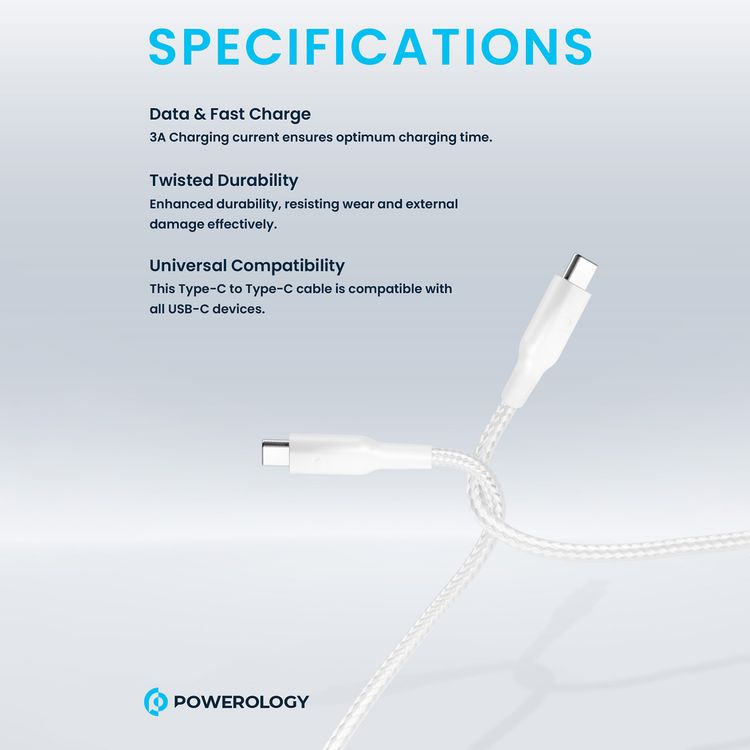 باورولوجي كابل مضفر من USB-C إلى USB-C مع توصيل طاقة 60 واط، بطول 30 سم، متوافق عالميًا، شحن سريع ونقل بيانات - أبيض.