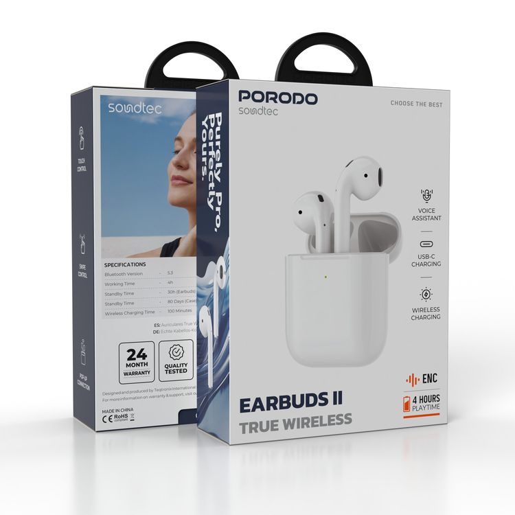 Porodo Soundtec ENC Earbuds II True Wireless with 4 Hours Working Time, Wireless Charging Compatibility, 10m Transmission Distance, Pop-Up Connection - White