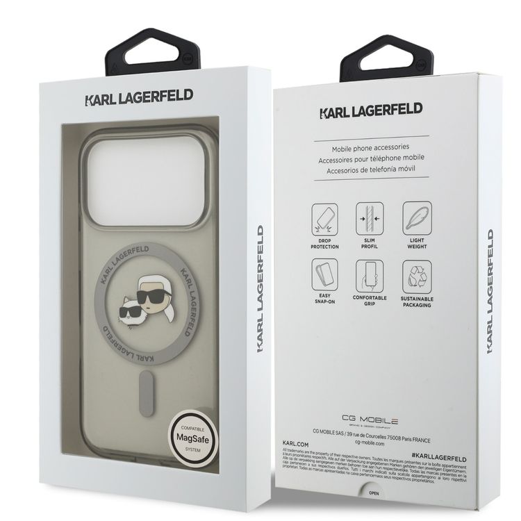 Karl Lagerfeld MagSafe IML Case with Printed Karl & Choupette Heads for iPhone 17 Pro Max, Sustainable Packaging, Drop Protection, Slim Profile, Comfortable Grip, Easy Snap-On, Lightweight Design - Transparent Gray