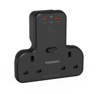Porodo Multi-Port Wall Socket with 2 Type-C Outputs, Simultaneous Charging, 45W Power Delivery, Lightweight & Portable, 3250W Power - Black