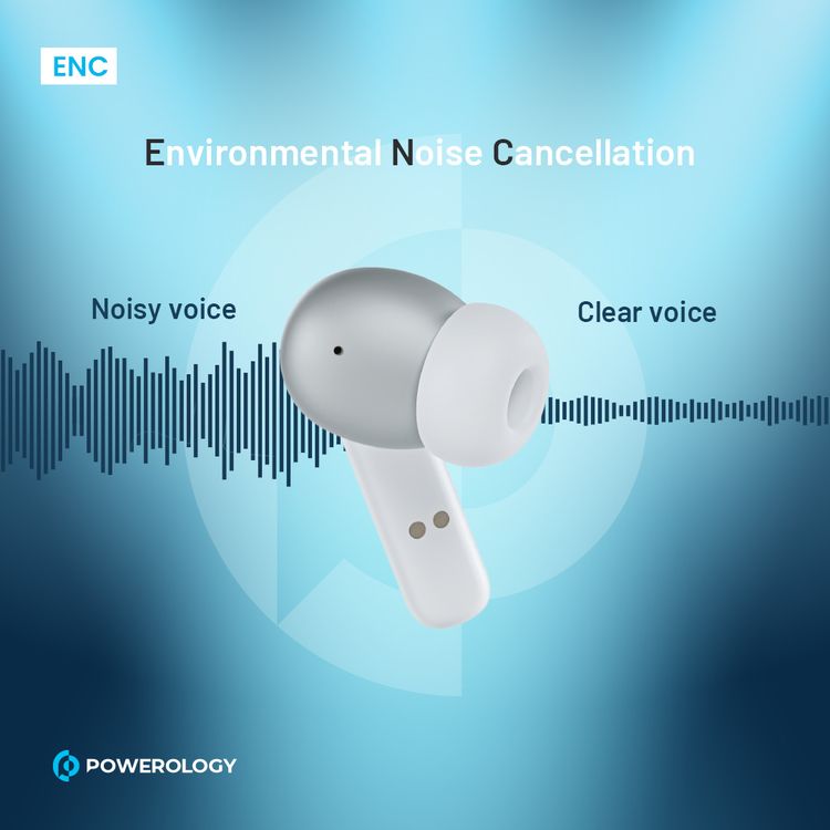 Powerology TWS Earbuds with Quad Mic ENC, 6h Playtime, Bluetooth 5.3, 30minutes Charging Time, 10m Transmission Distance, Type-C Port, Smart Touch Control, Wireless Charging - White