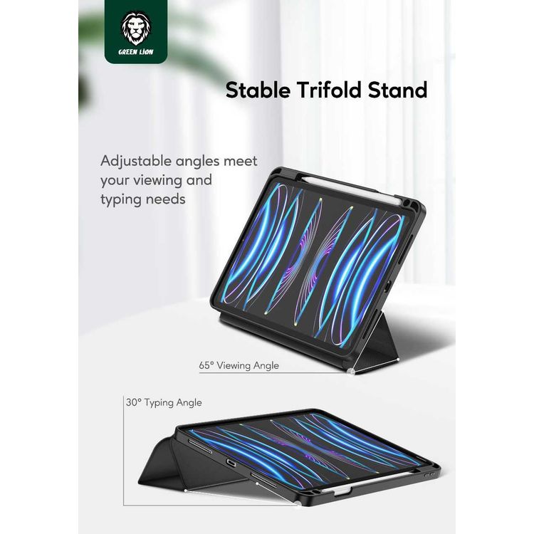 Green Lion Hogo Premium Case with Pencil Holder for iPad 10.2", Stable Trifold Stand, Full Body Drop Protection, Soft TPU Easy Install & Remove, Effective Shockproof - Black