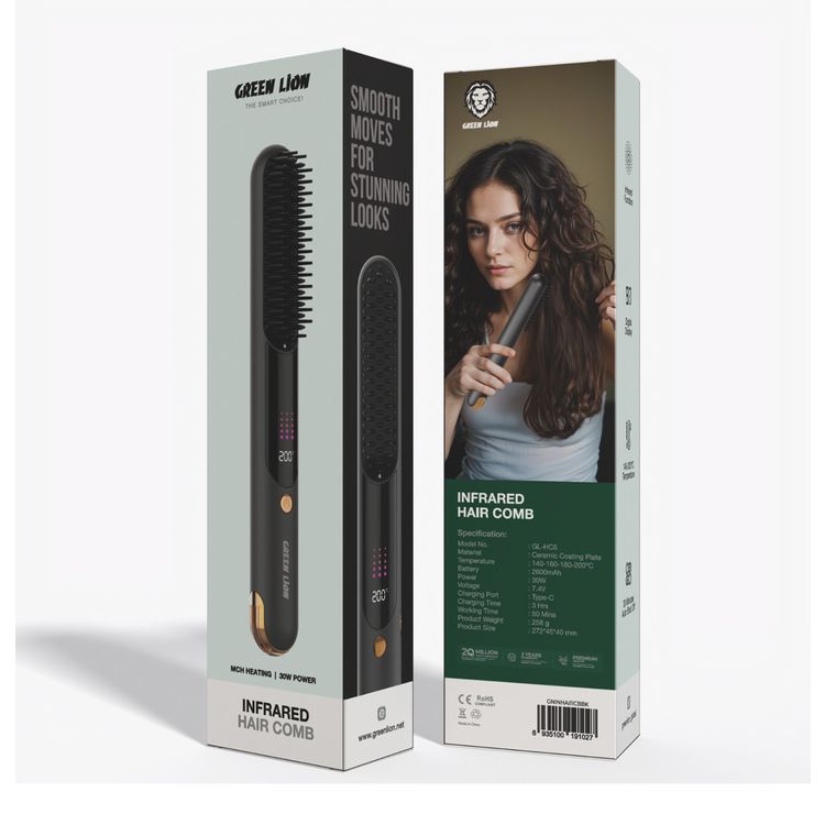 Green Lion Infrared Hair Comb with Digital Display, 50 Minutes Working Time, Adjustable Temperature Settings Up to 200°C, 2600mAh Battery, Infrared Function - Black