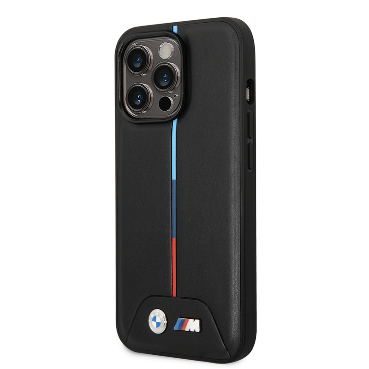 BMW M Collection Quilted PU Case with Hot Stamped Tricolor Stripe and Printed Logo iPhone 14 Pro Compatibility - Black