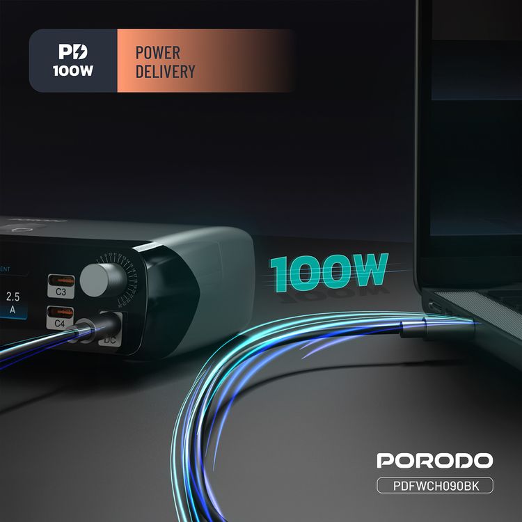 Porodo Powergate Smart Power Station with 7-Port GaN Technology, 252W Total Output, 100W Max USB-C1 & C2 Output, 45W Max USB-C3 & C4 Output, 12W Max USB-A1 Output, 30W Max USB-A2 Output, Universal Device Support, Smart Power Distribution, Multi-Device Charging, Real Time Display - Black