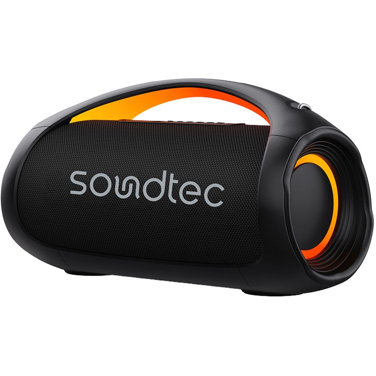 Porodo Rush Pro Portable Party Speaker with Voice Assistant, IPX6 Water Resistant, 5 Hours Play Time, RGB Lights, 7000mAh Battery Capacity, USB-A & USB-C Connector Type, 10m Transmission Range, Bluetooth Version 5.3, 10 Hours Charging Time, Power Bank Function, Grip Handle - Black