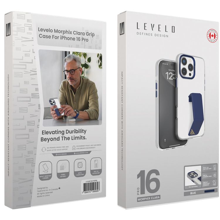 Levelo Morphix Clara Case for iPhone 16 Pro, Hybrid Material, Impact-Resistant Corners, Built-in Leather Grip, Metal Camera Ring - Blue