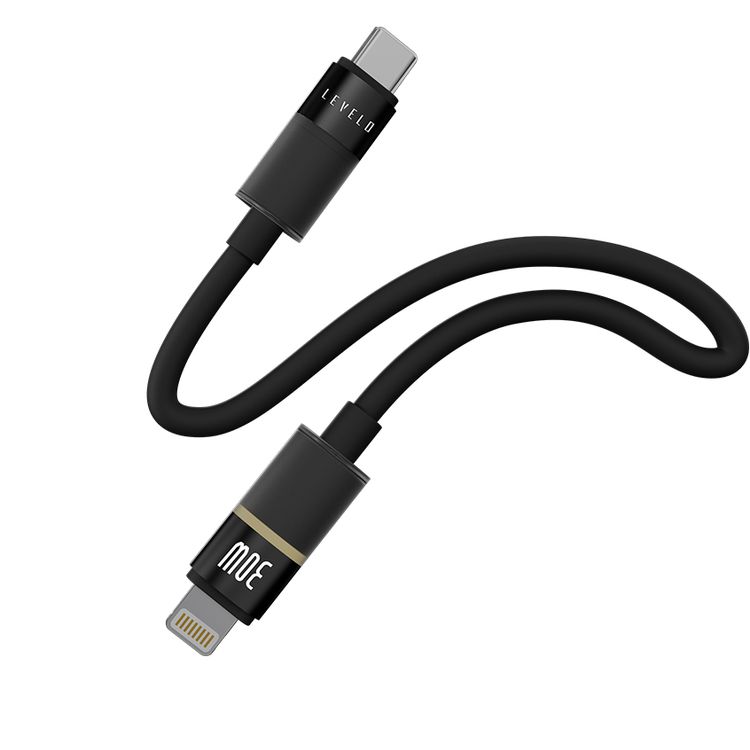 Levelo Luno USB-C to Lightning Cable with 30W Power Delivery, 1m Cable Length, 480Mbps Data Transfer Speed, Silicone Material, Tangle-Free, LED Indicator - Black