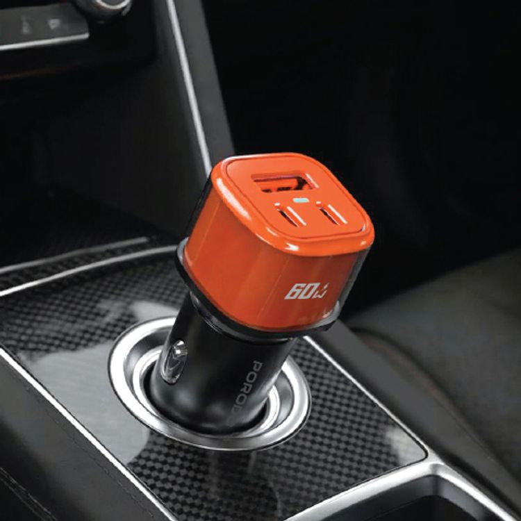 Porodo Averin Multi-Port Car Charger with Aluminum Alloy Housing, Simultaneous Fast Charging, Universal Compatibility - Orange