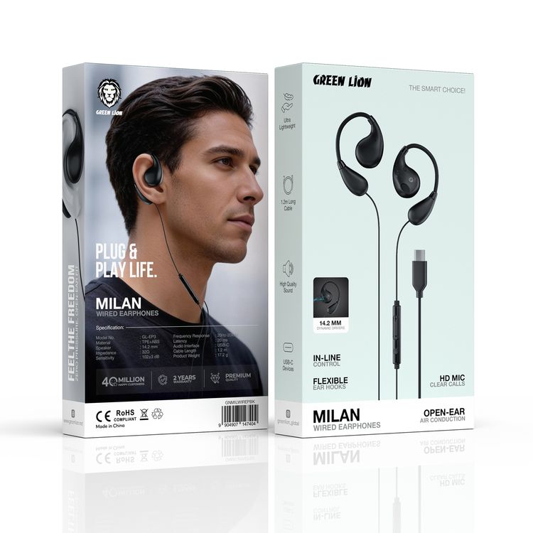 Green Lion Milan Wired Earphones with HD Microphone Clear Calls, Open-Ear Air Conduction, In-Line Control, Flexible Ear Hooks, 14.2mm Dynamic Drivers, USB-C Devices, High Quality Sound, 1.2m Long Cable, Ultra Lightweight - Black