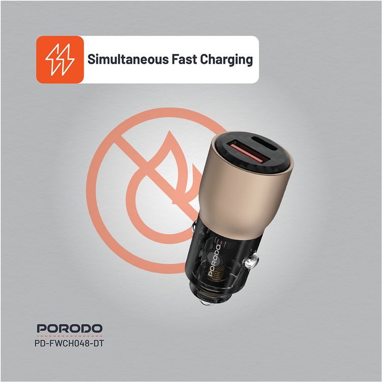Porodo 95W Car Charger Transparent Multi-Device PD Charging, Simultaneous Fast Charging, Universal Compatibility - Desert Titanium