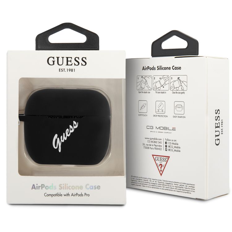CG MOBILE Guess Silicone Vintage Case White Logo with Lanyard Compatible for AirPods Pro, Scratch & Drop Resistant, Dustproof & Absorbing Protective Silicone