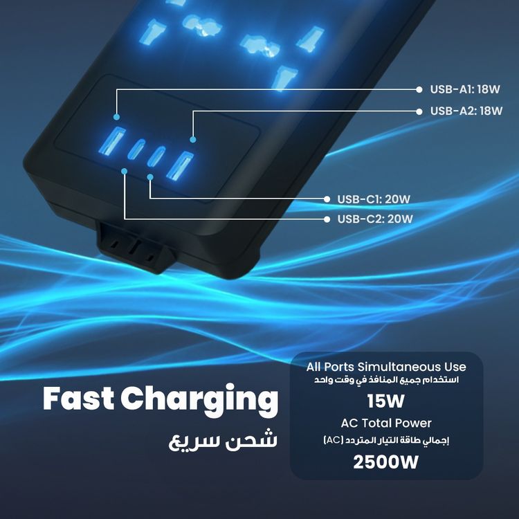 Powerology Power Strip with Power Switch, 20W PD, 3m, UK Plug, 5V/3A Simultaneous Use, 2 USB-C Ports, 2 USB-A Ports, 6 AC Sockets - Black