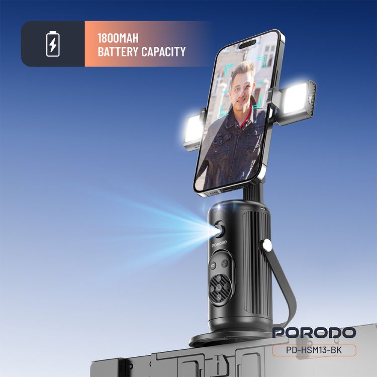 Porodo Face Tracking Smart Mount with Wireless Shutter, Detachable Fill Light, Gesture Control, Lightweight Design, 1800 mAh Battery - Black