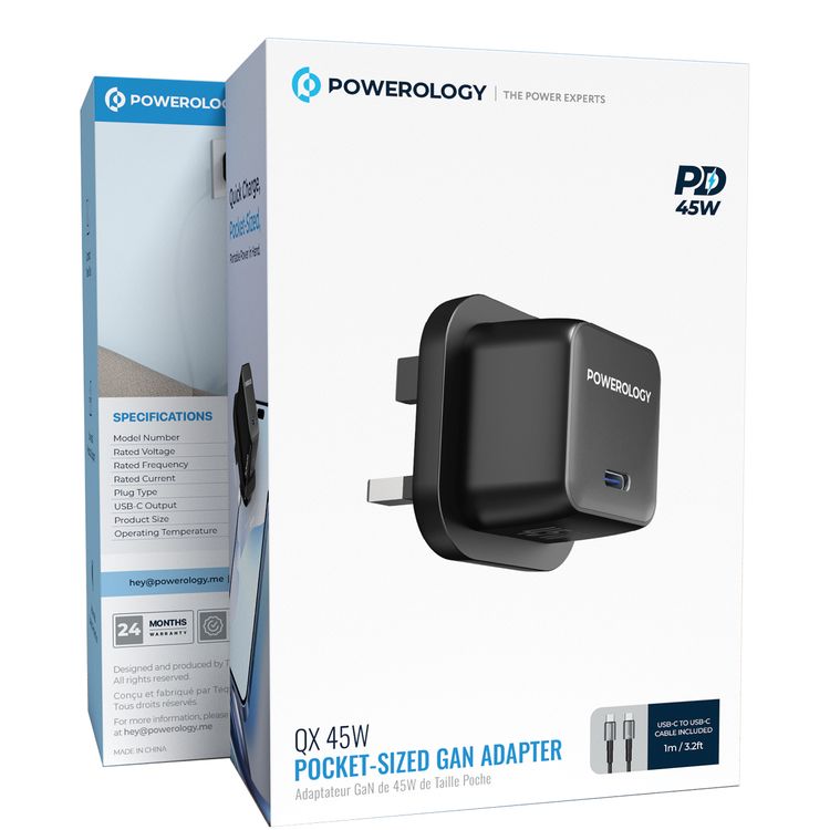 Powerology QX 45W Pocket-Sized GaN Adapter with Safety Protections, 1m USB-C to USB-C Cable Included, USB-C Port, Ultra-Compact Design, UK 3-Pin Plug, PD 45W - Black / Gray