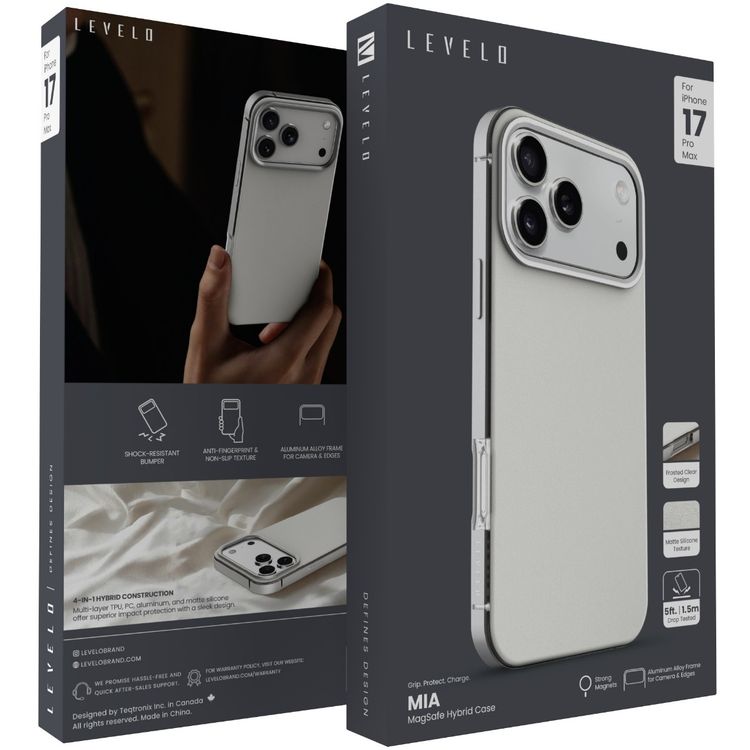 Levelo Mia MagSafe Hybrid Case for iPhone 17 Pro Max, N52 Strong Magnets, Matte Silicone Texture Material, Frosted Clear Design, 1.5m Drop Tested, Aluminum Alloy Frame for Camera & Edges, Non-Slip Texture, Comfortable Grip, Shock-Resistant Bumper - Silverstone