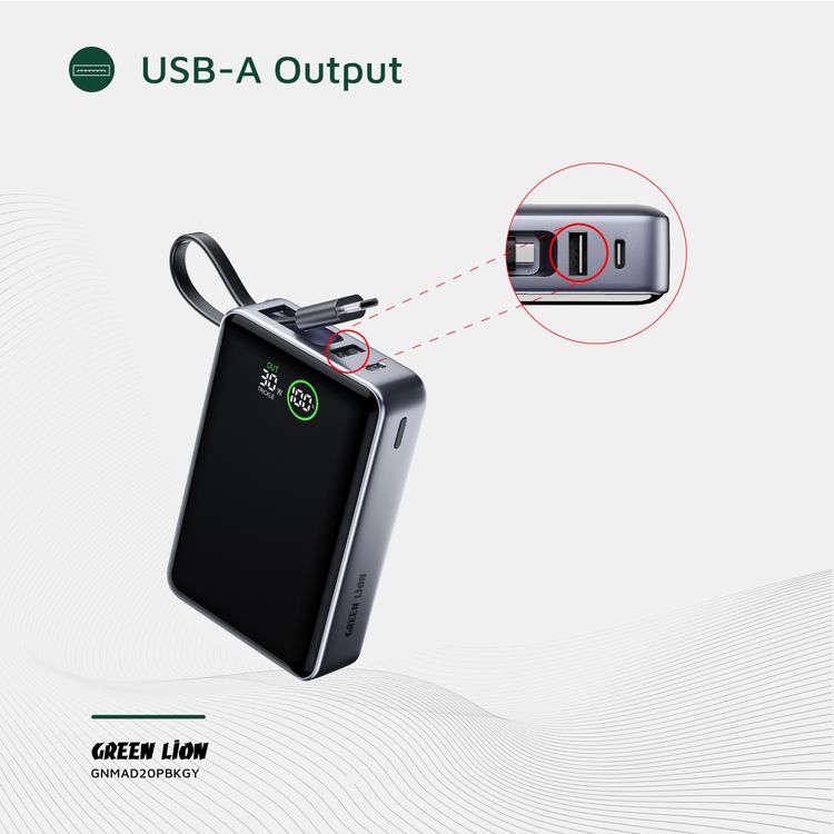 Green Lion Madrid 20 Power Bank 20000mAh with Built-in 20cm Type-C Cable, 35W Power Delivery, Real-Time Digital Display, 22.5W USB-A Output, Trickle Charging Mode, Safe Charging - Gray