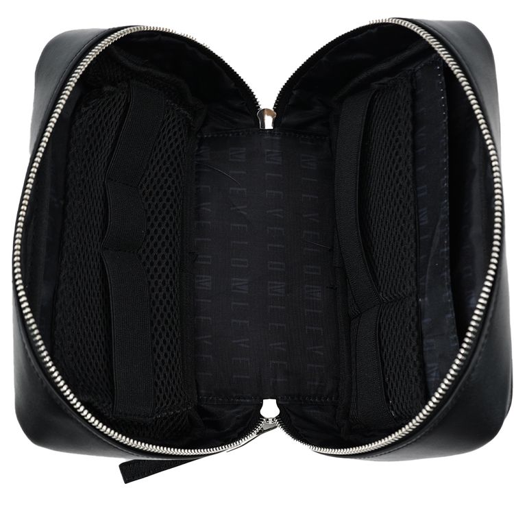 Levelo Pochette Pouch with Mesh Pocket, Built-in Grip Handle, PU Leather Finish & Durable Material, Ample Space, Multiple Compartments, Elastic Strap - Black