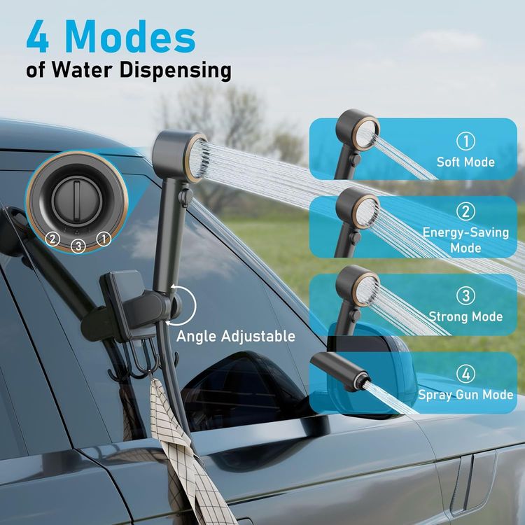 دش التخييم غرين ليون بشاشة رقمية، معدل تدفق الماء من 5-10 لتر/الدقيقة، سعة البطارية 8000 مللي أمبير، سعة حقيبة الماء 20 لتر، مدة العمل من 80-180 دقيقة، 4 وضعيات دش - أسود