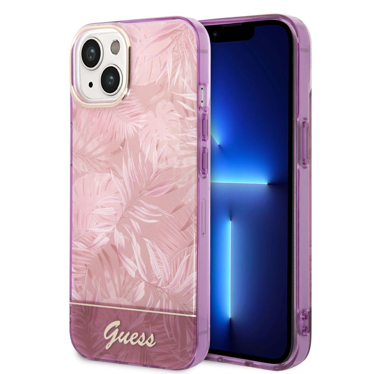Guess PC/TPU IML Case with Double Layer Electroplated Camera Outline & Jungle Design iPhone 14 Compatibility - Pink