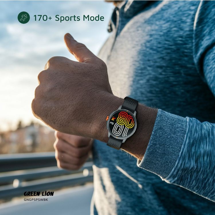 Green Lion GPS Pro Smart Watch with 1.6 Inches Large Display, Barometer & Compass, Sleep Monitoring, Voice Recording, Real 60Hz FPS, TWS Function, Local Music & Phone Album, Heart Rate Monitoring, Bluetooth Call, Geomagnetic & Altitude, 450mAh Battery, 6 Days Working Time - Black