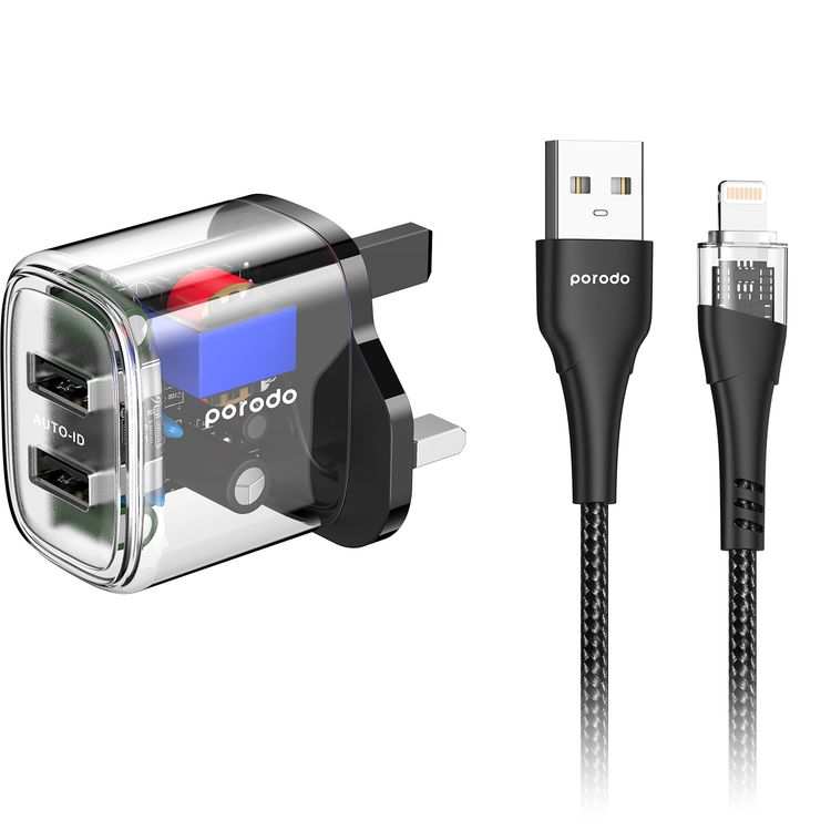شاحن بورودو مزدوج المخرج الشفاف المملكة المتحدة مع كابل USB-A إلى Lightning، بطول 1.2 متر - شفاف